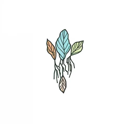 um desenho de uma planta com uma folha e uma raiz, folhas coloridas, cor plana, plant roots, Folhas, algumas plantas, Roots, arte de linha colorida, hand drawn svg, muitas folhas, sistema radicular, Heart, cor plana, um pouco de vida vegetal, raiz, flowing...