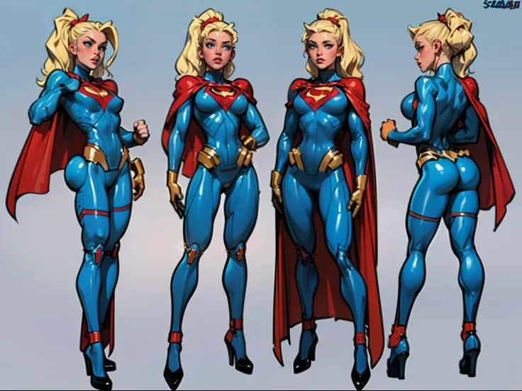 ((masterpiece)),(((best quality))),((character design sheet)), ((full body view)) illustration,1girl, muscular, ((seablue bodysuit:1.5)), superhero, (blonde ponytail:1.4), (red cape:1.4) ((detailed face:1.4)) beautiful woman, (small breasts:1.3)(red thighh...