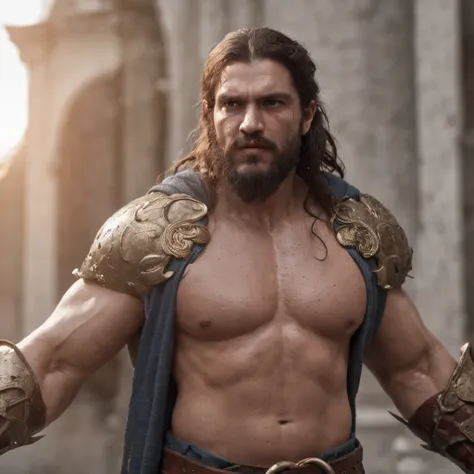 (Professional 3D rendering:1.3) de (Realistic:1.3) Foto de arte mais bonita do mundo，Features soft, bright male heroes, ((Epic hero fantasy rough muscular man wet hero angry look long hair short beard WITH CROWN ON HEAD and fierce expression in dynamic pos...