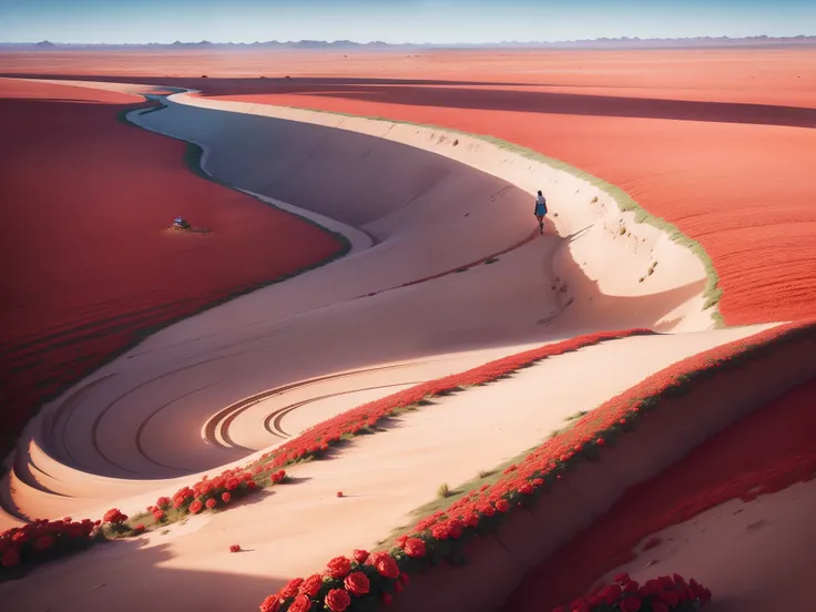 Vast plains,A sea of gorgeous roses,Sprinkled with a brilliant sun,camel