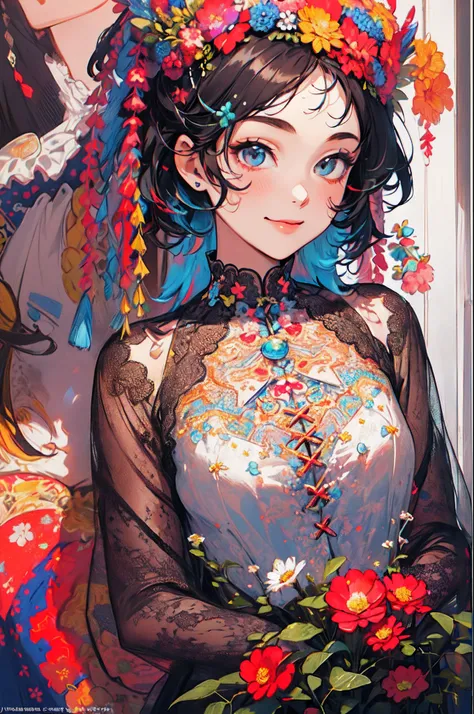 ((flowercrown),((Congratulations)),Flower bouquet，innocent smiles、eye glass、veranda、ancient city、(1 girl, Solo:1.6),(Cute smile),(Clothes are simple), (Best Impact:1.5), (maximalism:1.7), Vivid contrast, (Realistic), hyperrealistic illustrations, hight res...