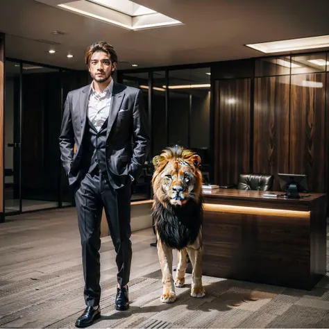 Male lion in suit, full body Esbian、Very realistic、very high image quality、Luxury office on background