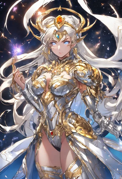 huge-breasted、Obscene、Eternal Sailor Moon, Goddess, Awakened God-like Power, Confident expression, Beautiful detailed eyes, intricate clothing, ((Engraved silver seams)), Wielding a golden scythe, Glitter, Galaxy in the background, Absolutely amazing, razo...