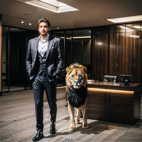 Male lion in suit, full body Esbian、Very realistic、very high image quality、Luxury office on background