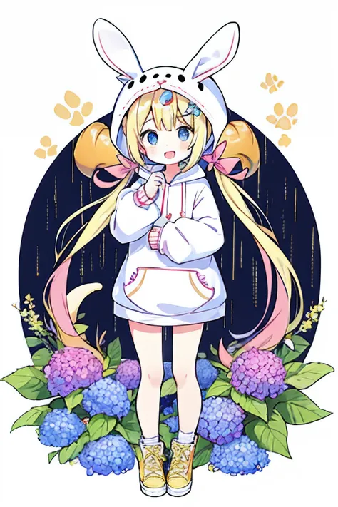 1girl,rainbow,yellow leotard,hydrangea,flower,long hair,twintails,blush,open mouth,hair ornament,white background,hood,solo,teruterubouzu,very long hair,hood up,long sleeves,low twintails,bow,bangs,smile,animal hood,blue eyes,rabbit,full body,:d,snail,yell...