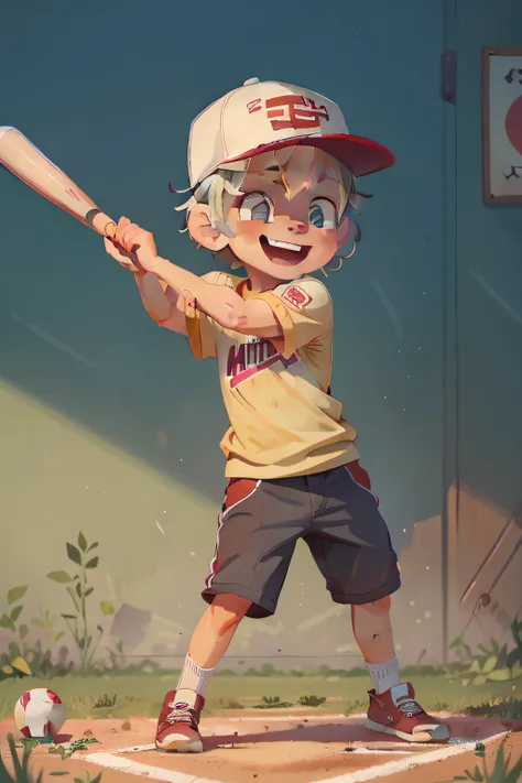 8 year old boy named luke, american, blond hair, kind look, cute, smiling, playing baseball, holding a baseball bat, wearing a baseball cap