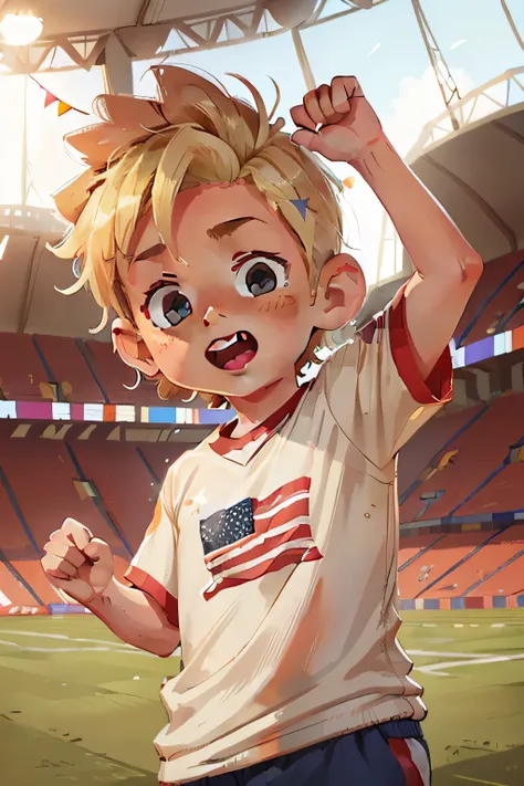 8 year old boy named luke, american, blond hair, kind look, cheering in the stadium