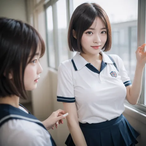 ((layered haircuts、Colossal tits:1.2)),（8K，highest  quality），full body shot shot，Watching from a distance，Distant shots，School Classroom，Wear a school uniform，pupils，Class，Platoon speeches，Wear sportswear，Full body photography:1.9， Android， adolable， ssmil...