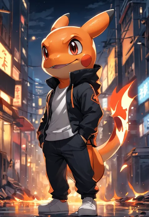 a highly detailed illustration of Charmander wearing the iconic black spy outfit and a pair of sunglasses, qualidade excepcional, dinamic pose, mischievous expression, urban night scenery, lighting dramatic, estilo de desenho hiper-realista