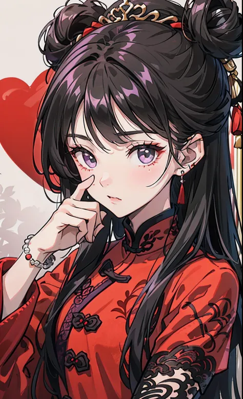 A seventeen or eighteen-year-old girl，Inky black hair
Scattered behind，Purple lace threads dangle a small strand of hair in the ear
side，The red shirt is covered by a checkered lace gift
wear，Bai Xuans wrist was covered with beautiful bracelets，little fing...