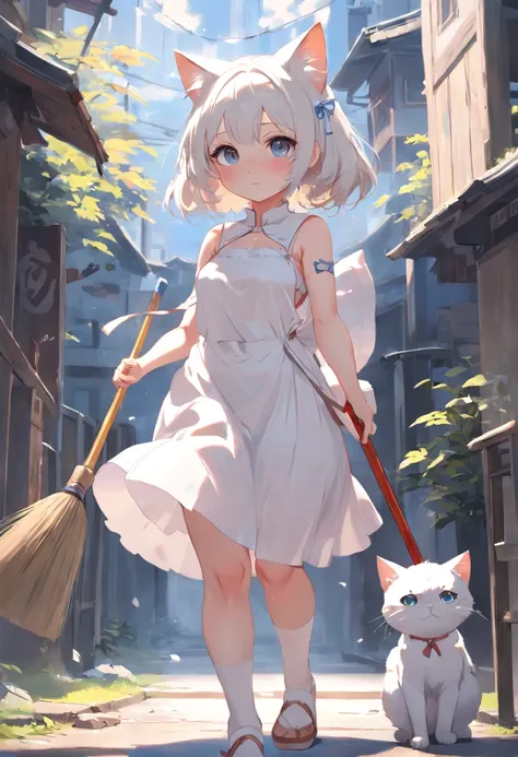 Anime cat-eared girl in white dress, sweep，Cleaning with a broom，loli in dress,Sleeveless， small curvy loli, artwork in the style of guweiz, guweiz on pixiv artstation, guweiz on artstation pixiv, guweiz, small loli girl, soft anime illustration, Anime vis...