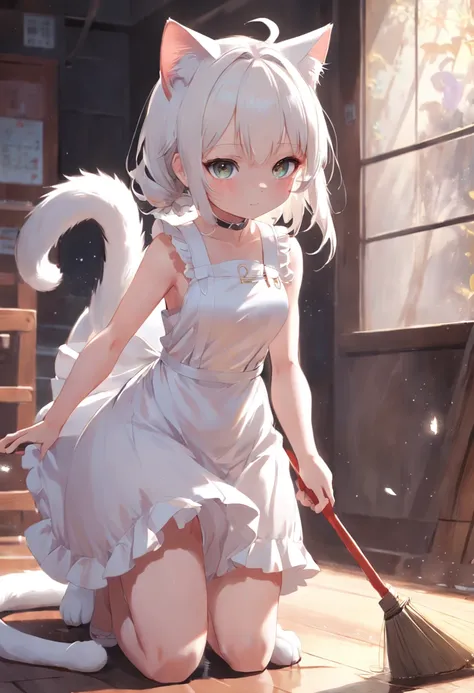 Anime cat-eared girl in white dress, sweep，Cleaning with a broom，loli in dress,Sleeveless， small curvy loli, artwork in the style of guweiz, guweiz on pixiv artstation, guweiz on artstation pixiv, guweiz, small loli girl, soft anime illustration, Anime vis...