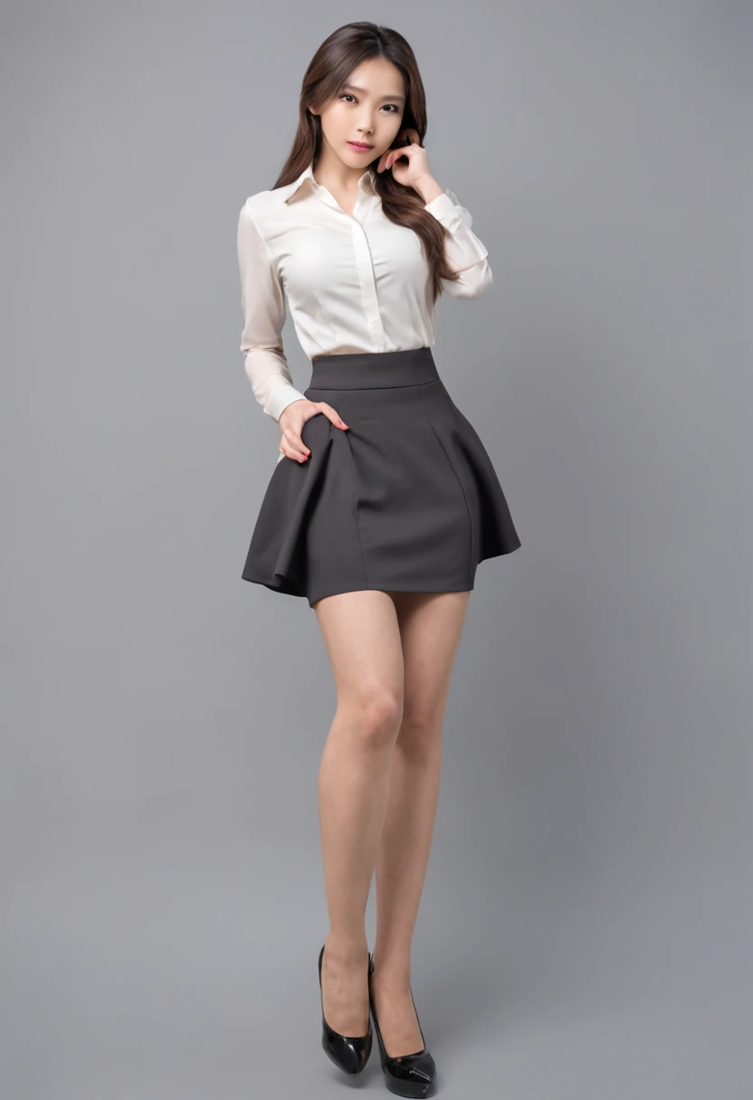 in a skirt、Black pantyhose and high heels woman holding cell phone, office clothes, grey skirt,black pantyhoses， Business clothes, business outfit, cute elegant pose, Attractive pose, wearing business casual dress, white shirt and grey skirt, side pose, ca...