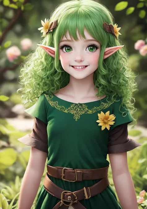 Create a child elf girl, non-human, sorrindo,
 with shoulder-length curly hair in green color, olhos grandes expressivos na cor preto, orelhas pontudas, pele branca, vestido verde num jardim com flores