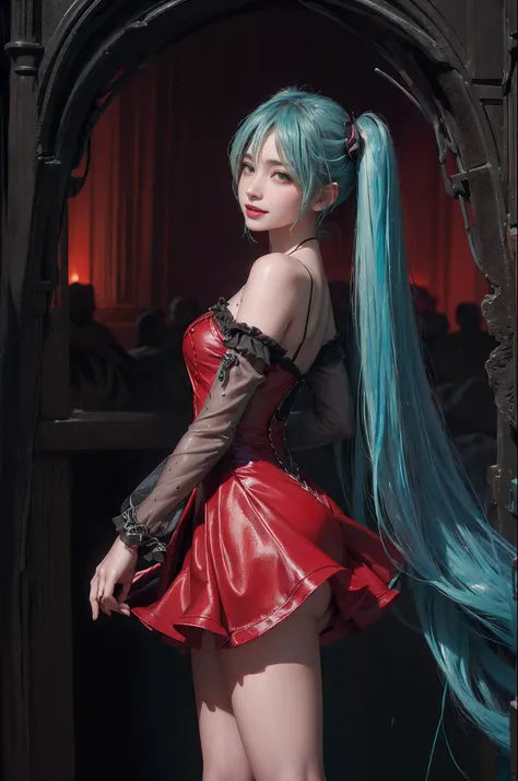 (((hatsune miku charakter))), (((tosca hair color))), ((long twin tail hair with pony)), looking at the view, eyes on the view, smile (big smile), (open mouth), (((full body photo))), 21 years old girl, perfect body, perfect anatomy, tosca eye color, doubl...