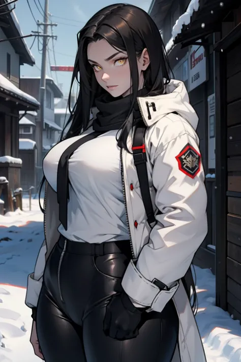 1 girl, black hair, yellow eyes, very long hair, pale skin, seductive expression, curvy, ((extremely muscular)), perky breasts, ((winter clothes))