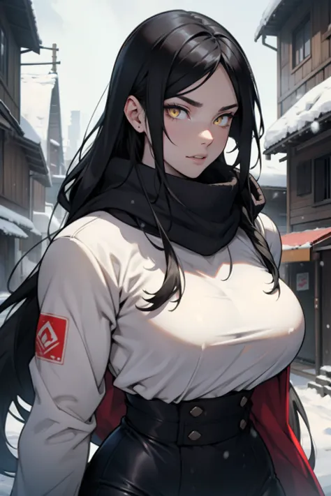 1 girl, black hair, yellow eyes, very long hair, pale skin, seductive expression, curvy, ((extremely muscular)), perky breasts, ((winter clothes))