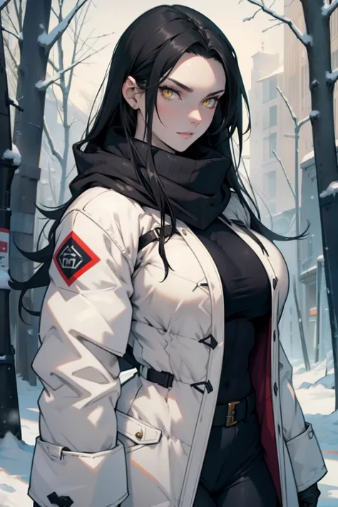 1 girl, black hair, yellow eyes, very long hair, pale skin, seductive expression, curvy, ((extremely muscular)), perky breasts, ((winter clothes))