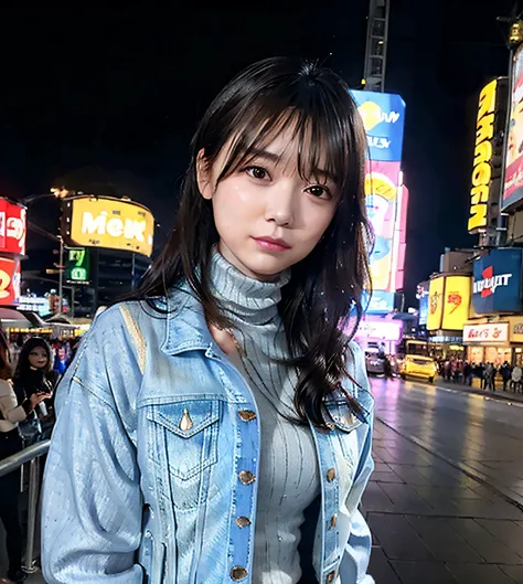 best quality, photorealistic, 8k, high res, (((1girl))), woman, (medium breast), ((looking at the viewer)), (looking at the camera), (medium hair), (professional lighting, bokeh), (street), (people, crowds:0.6), cityscape, neon light, time square, new york...