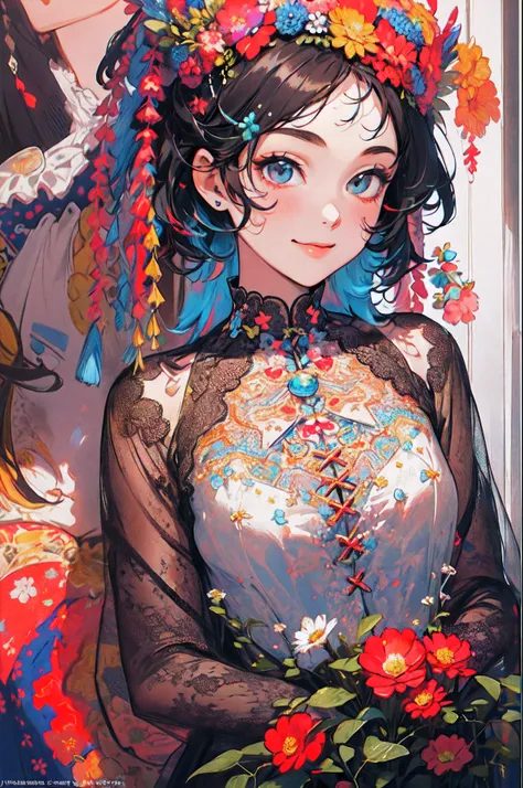 ((flowercrown),((Congratulations)),Flower bouquet，innocent smiles、eye glass、veranda、ancient city、(1 girl, Solo:1.6),(Cute smile),(Clothes are simple), (Best Impact:1.5), (maximalism:1.7), Vivid contrast, (Realistic), hyperrealistic illustrations, hight res...