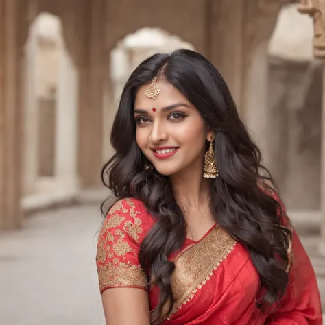 Young Indian woman with golden eyes, black long wavy hair, And fat lips stand in a frontal posture in a vivid red saree, Smiling with bright teeth,