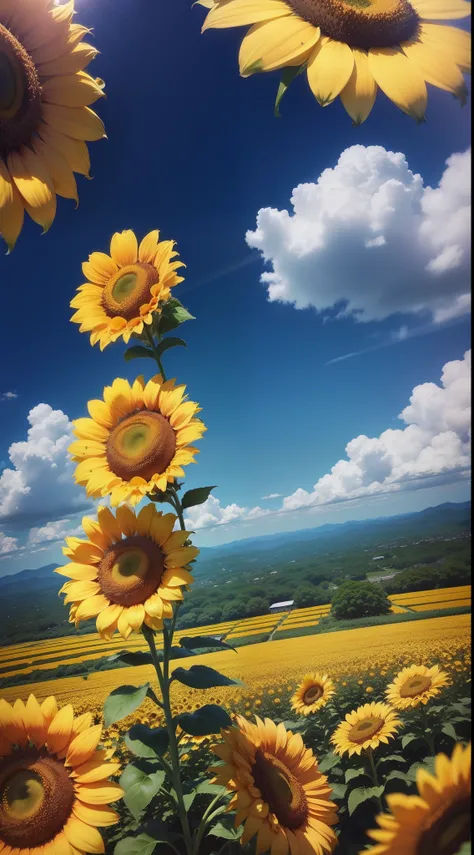 himawari、helianthus flowers、blue-sky、８K、top-quality