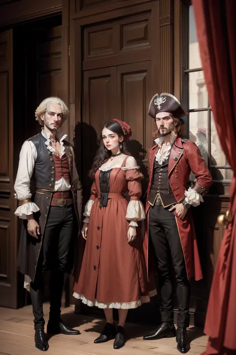 Group of eighteenth-century French pirates wearing scarlet