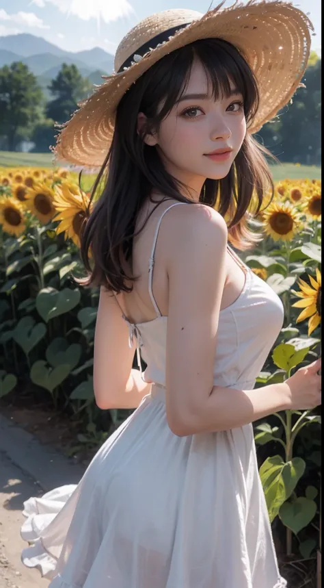 Unbeatable masterpiece, Ultra photo realsisim, Perfect artwork, Intricate details, Best quality, Strong light,High contrast,  Sunflower field , cute kawaii girls ,(Sweat:0.5) , arms back behind , White knee-length camisole dress , Straw hat , Smile,Strong ...