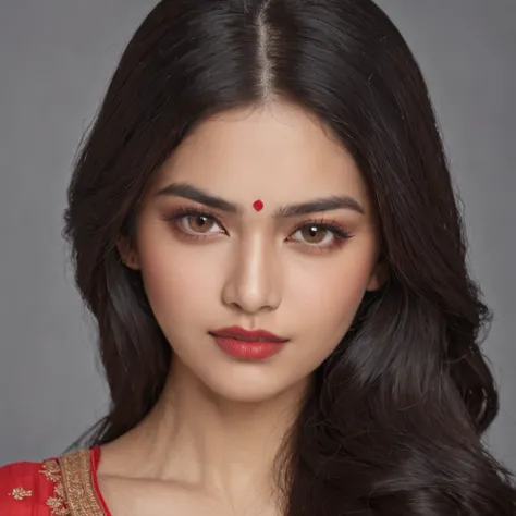 Young Indian woman with golden eyes, black long wavy hair, And the fat lips stand in a frontal posture on a vivid red sari, Stylish, Korean fashion,