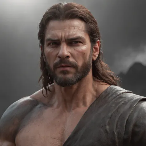 (Professional 3D rendering:1.3) de (Realistic:1.3) Foto de arte mais bonita do mundo，Features soft, bright male heroes, ((Epic hero fantasy rough muscular man wet hero angry look long hair short beard and fierce expression in dynamic pose, fantastic locati...