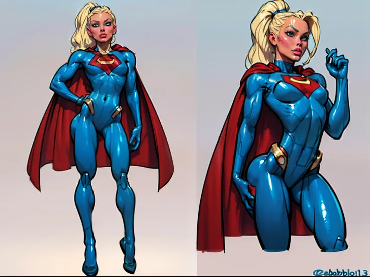 ((masterpiece)),(((best quality))),((character design sheet)), ((full body view)) illustration,1girl, muscular, ((seablue bodysuit:1.5)), superhero, (blonde ponytail:1.4), (red cape:1.4) ((detailed face:1.4)) beautiful woman, (small breasts:1.3)(red thighh...