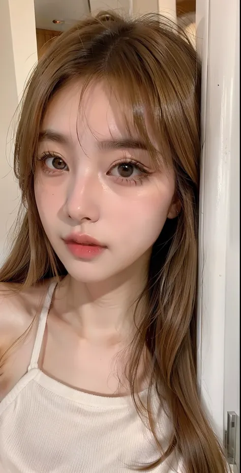 Korean woman 18 years old , with golden hair , wide eyes