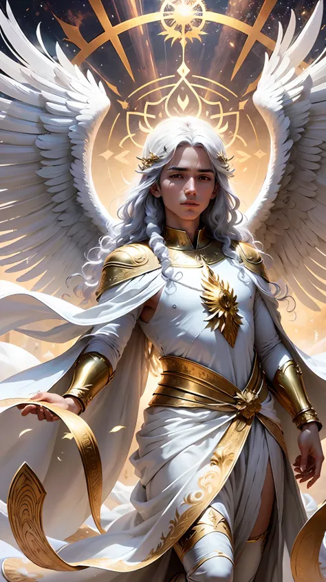 The illustration of the Angel Gabriel depicts a majestic and imposing celestial figure. The angel is enveloped in a bright aura of light, radiating a sense of purity and divinity. His form is human, with an androgynous appearance and a transcendent beauty....