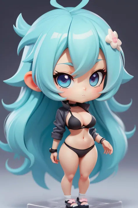 blind box toy style, anime girl with light blue hair and black bra top in black panties, chibi, cute, kawaii, seductive anime girl, beautiful, full body, ecchi anime style, anime moe artstyle, (masterpiece), (best quality:1.4),