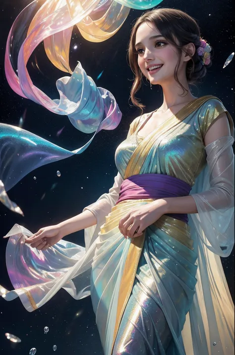 [Ana de Armas : Natalie Portman : 0.7] Translucent sari with sleeves, Laughing, Colorful colors, Surrounded by blisters, In the style of Kawacy, Masterpiece, Oil painting drawn in anime style, Head closed - up, Exaggerated perspective, Tyndall effect, wate...