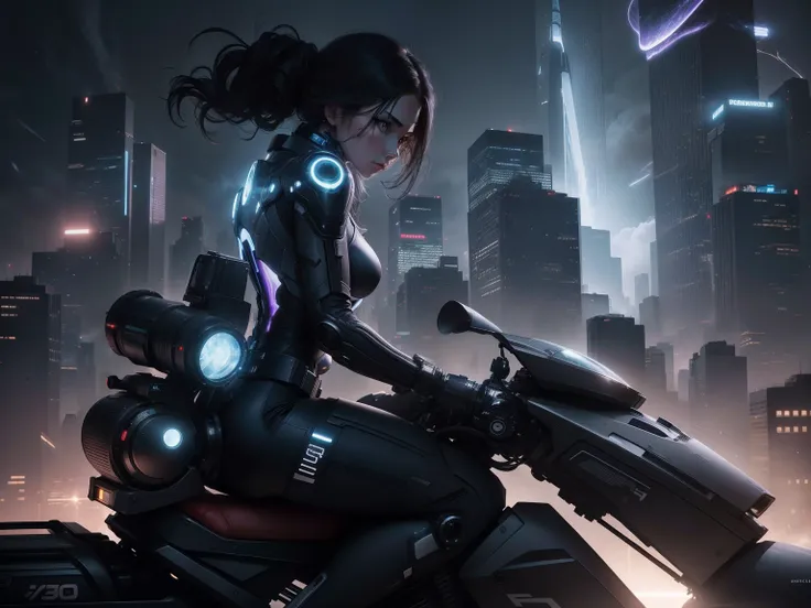 full body shot, riding a long space motorcycle, shooting a space rifle, Double exposure portrait featuring a female humanoid android and city skyline, with the buildings perfectly blending into her hair and skin, chiaroscuro, volumetric lighting, 32k trend...