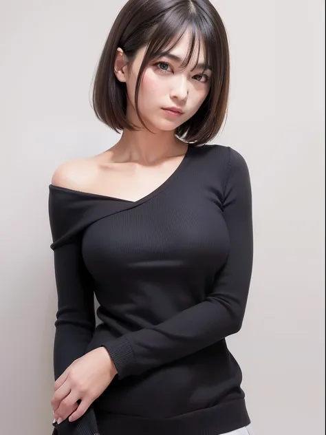 Woman with shoulder back,in her 20s,Clean face,calm look,breastsout:1.1 Tat-Torneck jacket,The sleeves hide your hands a little.,a short skirt,