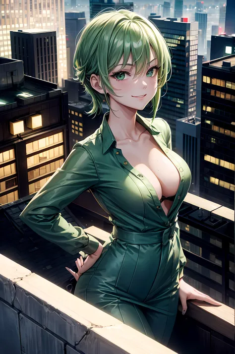 1girl, sexy, smirking, green hair, green eyes, wearing a light-green casual outfit, sexy outfit, city night, on building roof top, absurdes, high res, ultrasharp, 8K, masterpiece