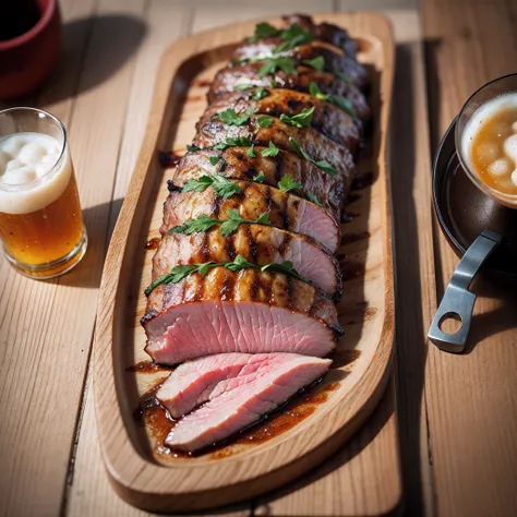 meat with grill marks on a wooden board with a cold cold beer next to it, tasty, promotional photo, intricate details, HDR, realistic photo, Adobe Lightroom, highly detailed --auto --s2