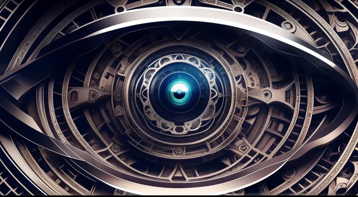 Illustration capturing the essence of focus and the eye, influenced by M.C. Eschers intricate designs. An intricate network of gears and mechanical structures forms the shape of a colossal eye, set within a fantastic world of clocks. The palette is metalli...