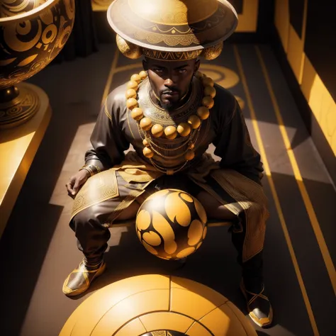 An African man dressed in African clothes sitting on a yellow sphere in a black and white room with abstract shapes and stairs, with iridescent light, highly detailed images, vibrant beautiful colours, photorealistic image, 8k, ultra HD, unreal engine rend...