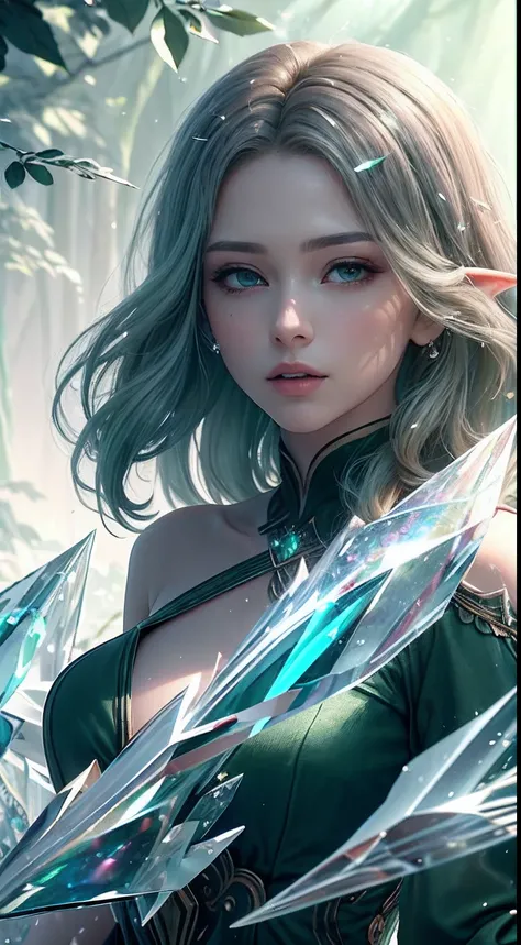 (Masterpiece, Top Quality, Best, Official Art, Beautiful and Aesthetic, Long Exposure: 1.2), Smooth Movement, Charming Patterns, 1 Girl, (Long Dress with Sleeves: 1.3), (((Green Clothes) )), upper body close-up, bare shoulders, Chinese girl, blush, black l...