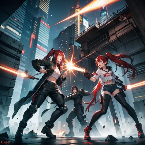 Full body shot, female asian Irina Shidou red hair twintails green eyes, in a cyberpunk city, wearing a bomber jacket and crop top and denim shorts, fighting a humanoid robot android with metal chrome exterior, holding a big machine gun, holding a long las...