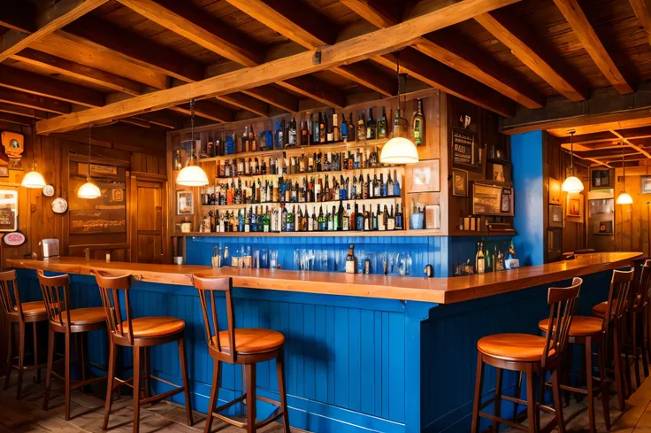 arafed bar with a blue counter and wooden chairs, cosy atmosphere, restaurant interior photography, great textures and lighting, but very good looking”, bar, inside a bar, pleasant cozy atmosphere, cozy atmosphere, great atmosphere, comfy ambience, by Nick...