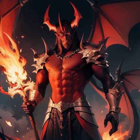 A powerful male demon bound by a chain of flames，The demon has the appearance of a dragon，Dark red throughout，Armed with a magic sword，musculous