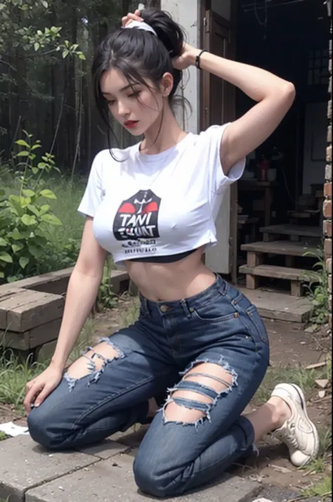 （best qualtiy），（solo person++），（（Kneeling pose，Point at you with your ass+））Mature mature woman，Redlip，White crop top shirt，denim pant，(Female captive+)，Flirtatious，Redlip+，(Black double ponytail+)，huge tit，(canvas shoe)，(Full body binding+，Hands tied)，(ex...