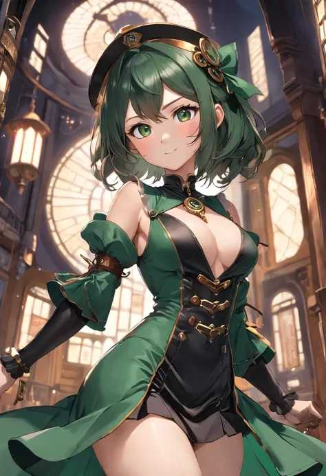 (NSFW), Stunning magica fantasy full body portrait of steampunk woman in dark green dress, plunging neckline highlighting feminine features, small ears, brown hair, smiling happily, dynamic pose, Ticker, Fantasy, Extreme Detail, 4Kde, Ultra HD, Trending on...