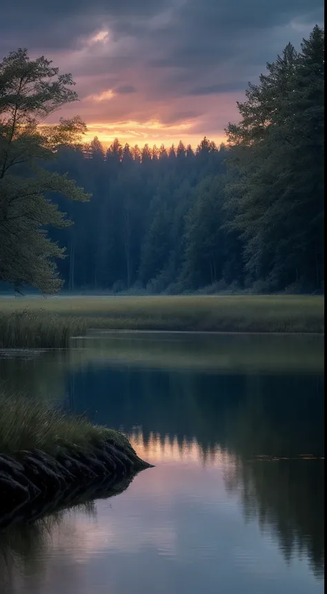 Wallpaper, summer, lake, dawn, forest, clouds, dawn background, depth of field, HD detail, hyperdetail, cinematic, soft light, deep field focus bokeh, ray tracing, diffuse (ultra-fine glass reflection) and realism. --v6