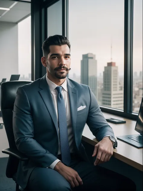 a handsome man sitting in the office,crew cut,business suit,Windows,Cityscape,corpo inteiro,macho maduro,,best quality, 50mm f/2.8, fotografia e revista GQ, Trending on Flickr Masterpiece, high resolution, best quality,, Realistic, Realistic photo, foto do...