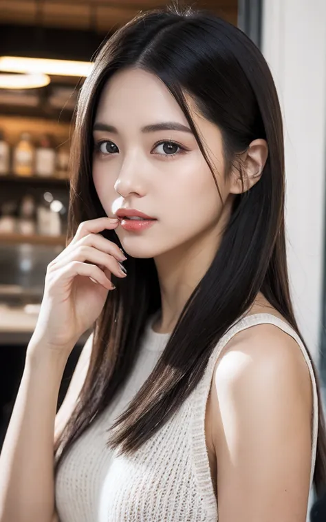 highly detailed CG Unity 8k wallpapers，top Quority，ultra-detailliert，tmasterpiece，realisticlying，photograph realistic，Very detailed cute girl，25 age old，（（brunette color hair：1.4）），Loose long hair，（gyaru），The figure is good，Round eyes，peeping at the viewer...